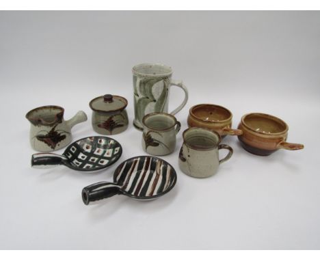 Nine pieces of studio pottery including four Lowerdown tablewares, Aldermaston style tankard, two Sidney Tustin Winchcombe ha
