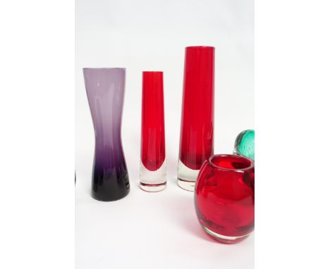 Nine items of Whitefriars glass including bubble inclusion green bowl, lobed vases and stem vases in ruby, amethyst and green