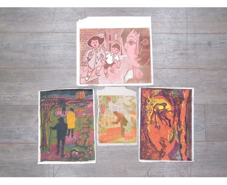 A collection of four vintage circa 1960's art prints, one signed David Machin and another signed J Haycock. Largest 38.cm x 4
