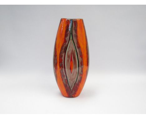 A modern Poole Pottery large vase with eliptical pattern in reds and orange colours, designed by Andrew Turner. 37cm high 