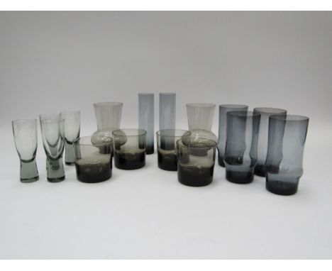 A collection of smoked and mid night blue toned drinking glasses and vases including Holmegaard. Tallest 15cm (16) 