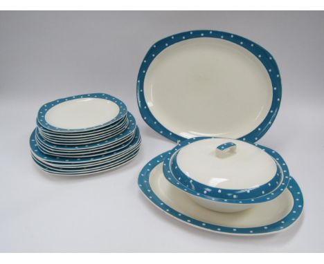 A collection of Midwinter Blue Domino dinnerwares by Jessie Tait including tureen, plates, meat platter  (19) 