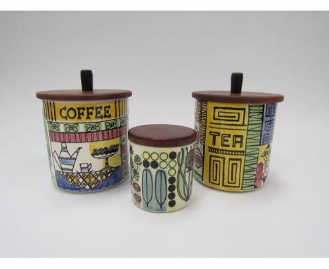 Jie of Sweden "Gantofta" series, two storage jars and a spice jar plus 1960's wood and ceramic Jie cruet set. Tallest    cm 