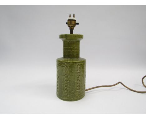 An Italian Bitossi lamp base with green glaze and impressed motif detail, 21.5cm high without fitting 