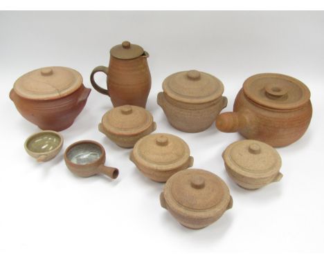 A collection of St Ives Leach Pottery standard wares, soup bowls, tureens, coffee pot etc and similar Winchcombe soup tureen.