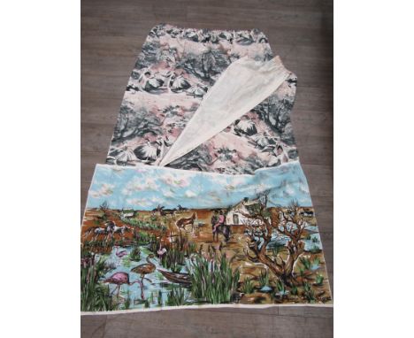 A vintage pair of curtains by Warner and Sons Ltd, with original selvedge "A Gruff design" and a retro panel 