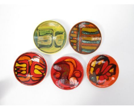 Five Poole Delphis small pin dishes, various designs include Ann Godfrey, Loretta Leigh, Anglea Wyburgh, Lynthia Bennett and 