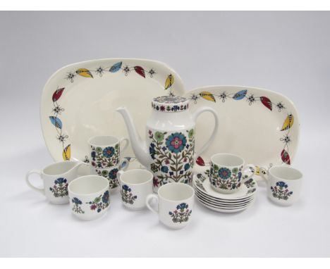 Midwinter Pottery "Country Garden" pattern coffee set by Jessie Tait with two large J and G Meakin Pottery platters in the ra