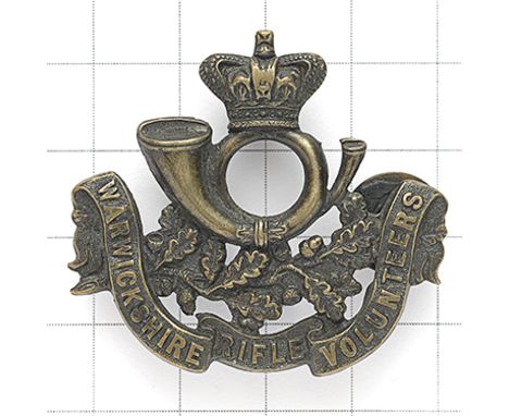 Warwickshire Rifle Volunteers Victorian pouch badge. Die-stamped bronzed crowned coiled bugle on oak sprays resting in tri-pa