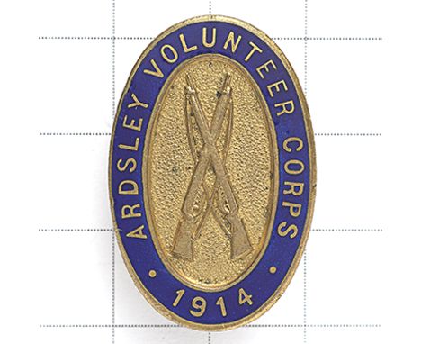 ARDSLEY Volunteer Force 1914 scare WW1 VTC lapel badge. Blue enamel title oval; crossed rifles to brass centre.  Buttonhole V