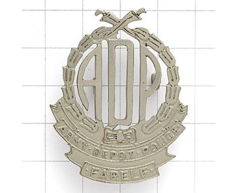 Army Depot Police FARELF cap badge circa 1949-94. Locally die-cast white metal.  Loops VGC (Far East Land Forces). Mainly dra