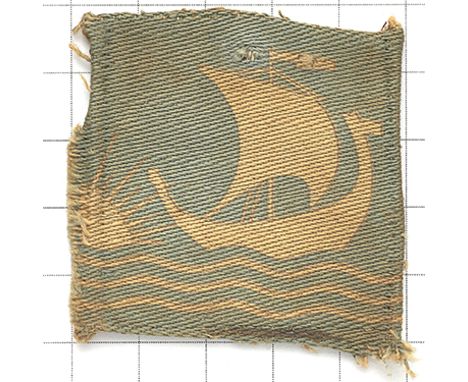 British Troops in Norway WW2 printed cloth formation sign. White Viking ship and sunrise printed on light blue rectangle.   F
