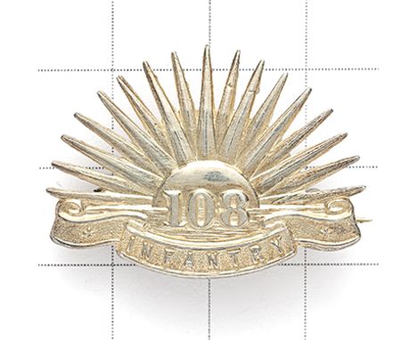 Indian Army. 108th Infantry Officer’s 1918 Birmingham hallmarked silver field service cap badge. Fine die-cast rising sun on 