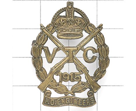 Post Office Engineers 1915 VTC bronze cap badge. Rare die-stamped crowned crossed rifles in laurel sprays bearing VTC and 191