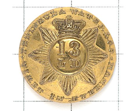 13th Light Dragoons Victorian Officer’s gilt closed-back coatee button. Crowned star, 13 over LD to centre. “Peninsula Waterl
