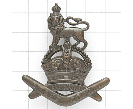 Australia. Staff Corps pre 1953 slouch hat badge. Die-cast bronze Royal Crest on crossed Boomerangs bearing unit title.  Loop