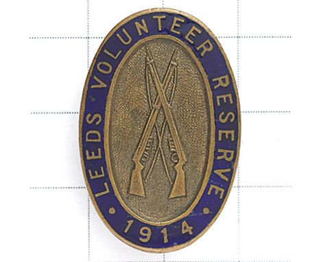 LEEDS Volunteer Force 1914 scare WW1 VTC lapel badge. Blue enamel title oval; crossed rifles to brass centre. Fattorini  Brad
