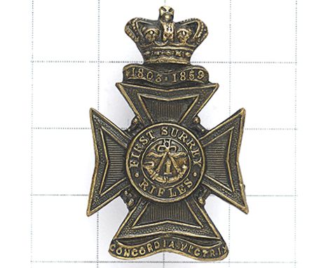 First Surrey Rifles Victorian OR's Field Service cap badge circa 1896-1901. Die-stamped blackened brass Maltese cross example