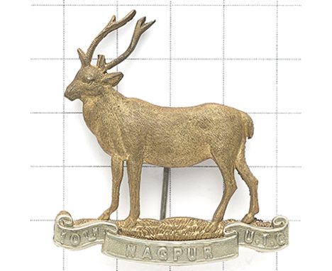 Indian Army. 10th Nagpur UTC scarce cap badge. Die-stamped brass stag on silvered title scroll.  Brooch pin GC 
