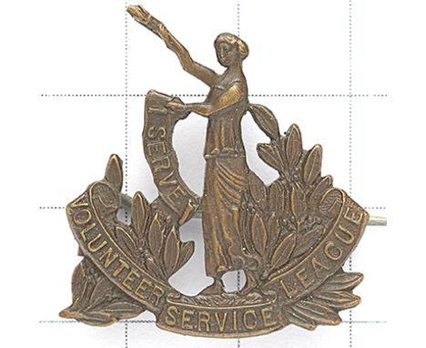 Volunteer Service League rare WW1 lady’s bronze collar badge. Die-stamped lady, one arm aloft, the other holding “I SERVE” sc