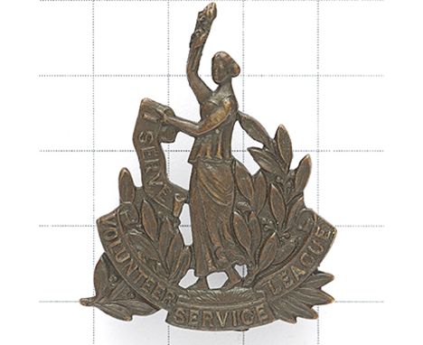 Volunteer Service League rare WW1 lady’s bronze cap badge. Die-stamped lady, one arm aloft, the other holding “I SERVE” scrol