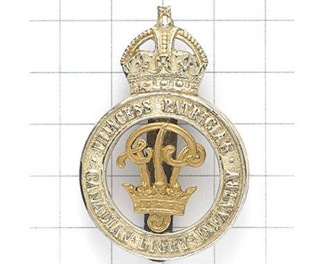 Princess Patricia’s Canadian Light Infantry Officer’s cap badge circa 1933-52. Fine die-cast silvered crowned circlet with gi