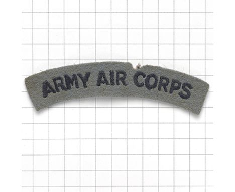 ARMY AIR CORPS cloth embroidered shoulder title Dark blue sans-serif letters embroidered on light blue felt   Slightly faded.