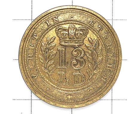13th Light Dragoons Victorian Mess Waiter’s gilt open-back button. “Viret in Aeternum” circlet; central laurel sprays flankin