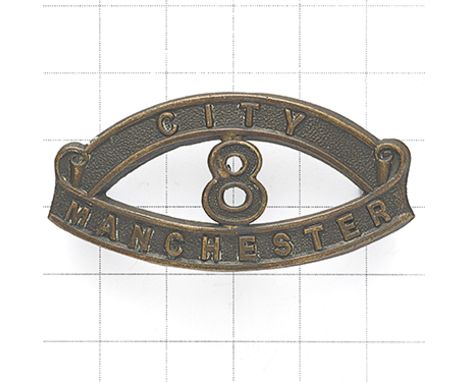 CITY / 8 / MANCHESTER WW1 ‘Manchester Pals’ bronze ‘Kitchener’s Army’ shoulder title. Die-stamped  Loops (flat type) Minor ve