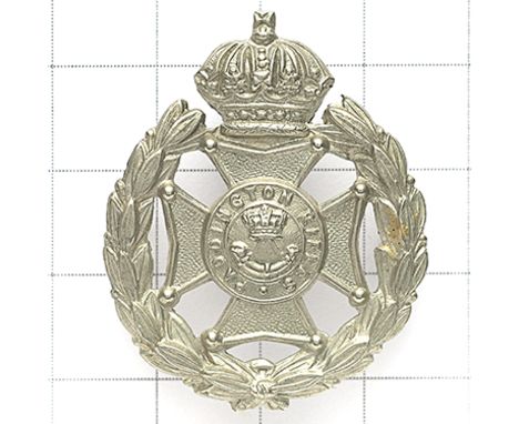 Paddington Rifles OR’s field service cap badge. Die-stamped Guelphic Crowned white metal example with crowned bugle to centre