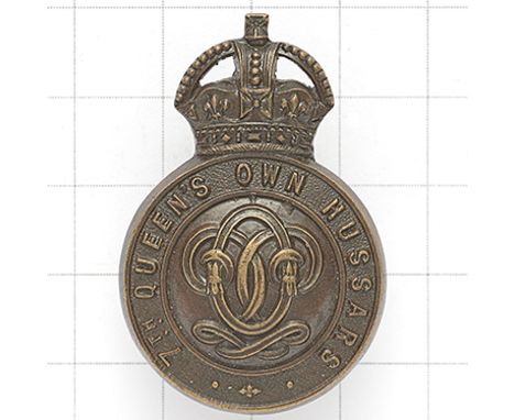 7th QO Hussars OSD bronze cap badge circa 1902-52 Die-cast crowned “7th THE QUEEN’S OWN HUSSARS”; ‘QO’  cypher, reversed and 