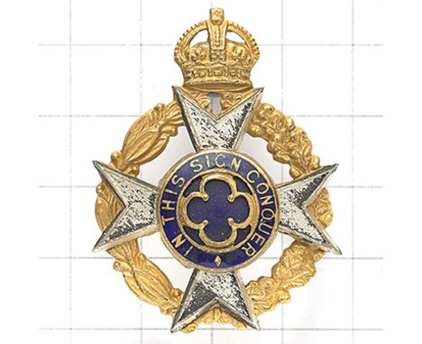 Royal Army Chaplain’s Department pre 1952 dress cap badge. Fine silvered, gilt and blue enamel example. ‘P’ impressed to reve