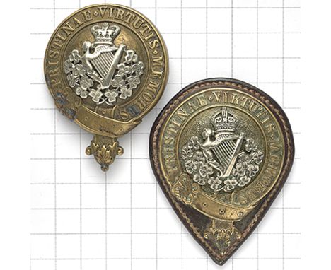 8th King’s Royal Irish Hussars horse furniture. Two Officers charger’s ear bosses. A gilt brass strap inscribed “PRISTINAE VI