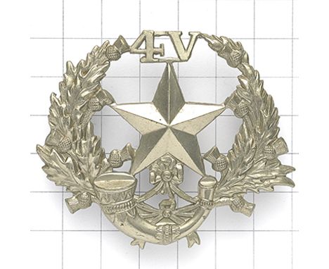 4th VB Cameronians (Scottish Rifles) OR’s glengarry badge circa 1887-1908. Scarce die-stamped white metal ‘4V’, mullet and st