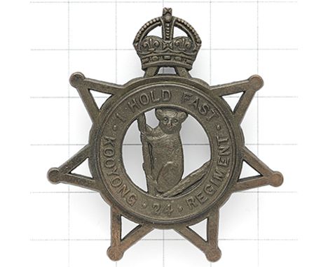 Australian 24th Infantry Battalion (The Kooyong Regiment) slouch hat badge circa 1930-42. Die-cast bronze crowned voided star