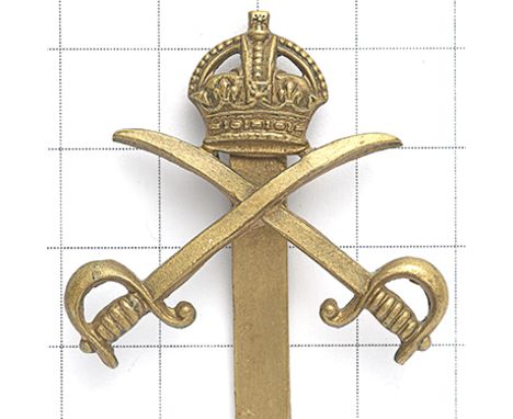 Army Gymnastic Staff brass cap badge. Good smaller die-stamped crowned crossed swords with ornate hilts. (KK 1060)  Slider VG