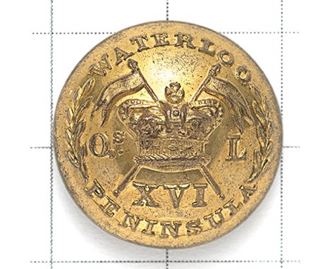 16th (The Queen’s) Light Dragoons (Lancers) Georgian Officer’s closed-back gilt coatee button circa 1830-55. Crossed lances f