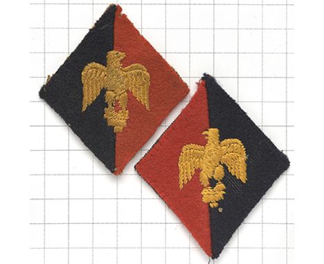 646 Light Anti-Aircraft Regt. Royal Artillery two cloth formation signs. Facing Golden eagle finial from French standard embr