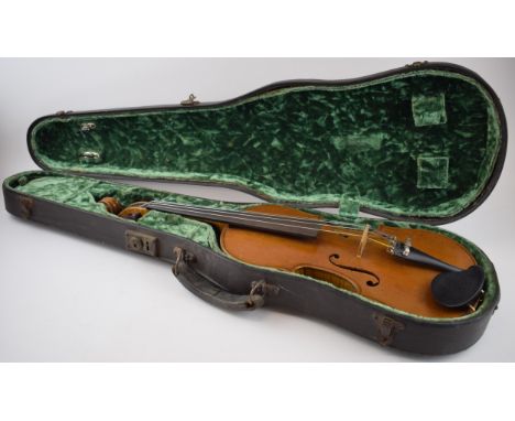 Saxony violin circa 1900, golden yellow varnish, medium flame, two part back, ebony fingerboard. In vintage violin case with 