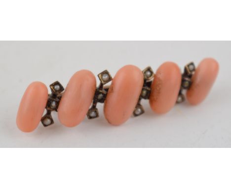 Vintage coral and seed pearl brooch, gilt metal setting, 42mm wide.  