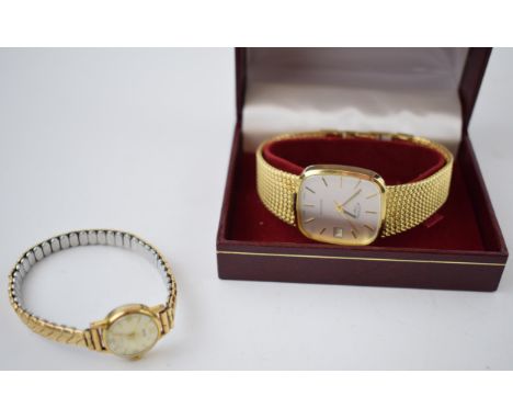 A boxed gentleman's Rotary gold tone wristwatch with Swiss quartz date movement. Case diameter 28mm together with another vin