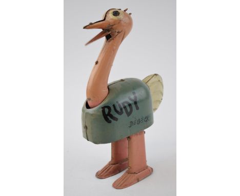 Debeck 'RUDY' Ostrich vintage litho printed clockwork tin toy. Based on the character from the Barney Google comic strip. Mad
