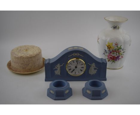 Wedgwood Dancing Hours blue jasperware mantle clock together with a pair of t-light holders together with a Hammersley floral