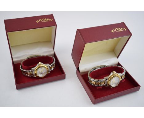 2 boxed Rotary ladies wristwatches, two tone bracelet and bezel design with date movements. (2)  In good original condition.
