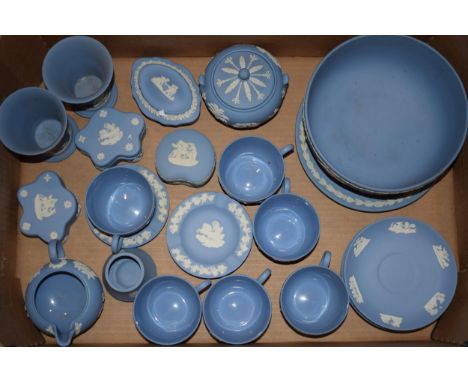 A collection of Wedgwood Jasperware to include six cups and saucers, sugar bowl and 8" sacrifice bowl.  In good condition and