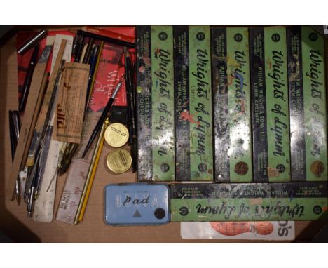 A collection of vintage art supplies to include paint brushes, rulers and various other similar items. (Qty)  In good vintage