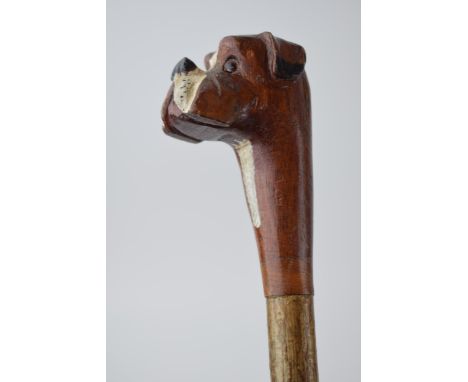 Traditional hand crafted walking stick, wooden handled, in the form of a dog's head, ash (or similar) shaft, 92cm long. Colle