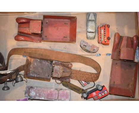 A collection of vintage tinplate toys to include a Triang lorry body, an Oxo advertising model, a spring balance and others (