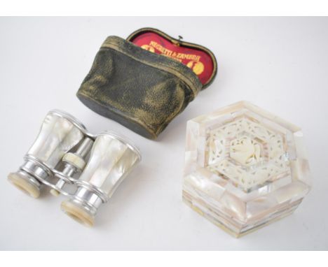 A pair of Negretti &amp; Zambra of Regent Street London opera glasses in mother of pearl together with a mother of pearl trin