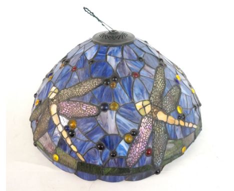 STUDIO GLASS LAMP SHADE
decorated with blue mottled panels and dragon flies, with a scalloped rim, 50cm diameter 